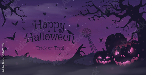 Slika na platnu Happy halloween banner or party invitation background with violet fog clouds and