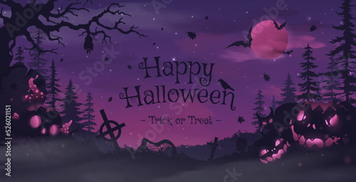 Happy halloween banner or party invitation background with violet fog clouds and pumpkins