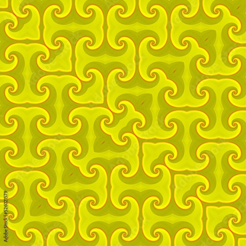smooth connected spiral design red edged yellow shape on a green yellow plain background