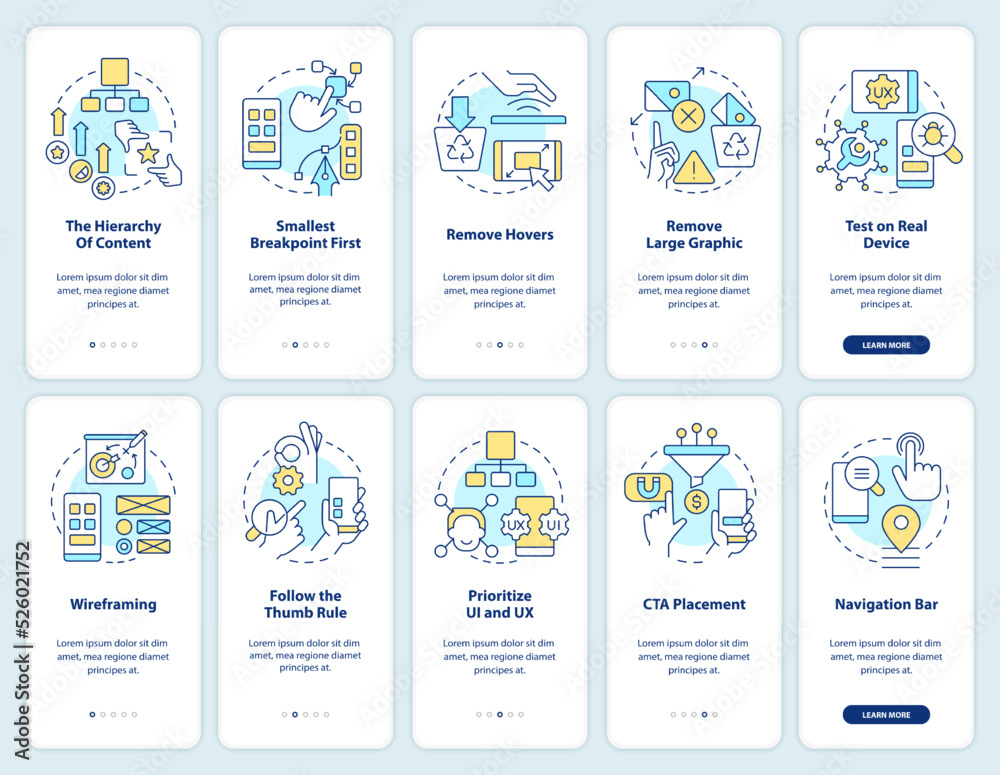 Mobile first design onboarding mobile app screen set. Walkthrough 5 steps editable graphic instructions with linear concepts. UI, UX, GUI template. Myriad Pro-Bold, Regular fonts used