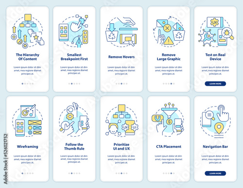 Mobile first design onboarding mobile app screen set. Walkthrough 5 steps editable graphic instructions with linear concepts. UI, UX, GUI template. Myriad Pro-Bold, Regular fonts used