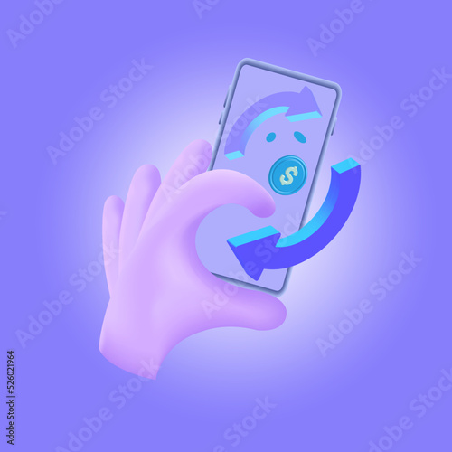 Using a smartphone for online shopping.
 The concept of a refund. 3d vector, cartoon style.