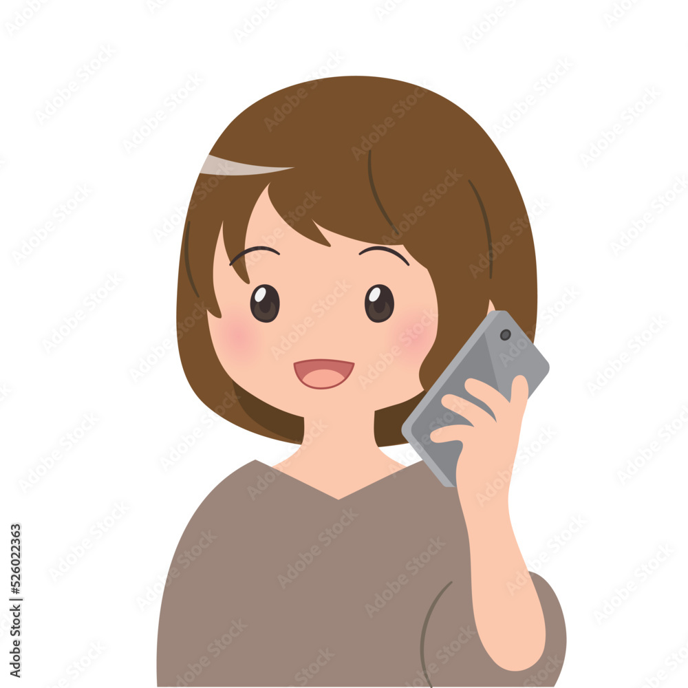 スマホで通話する 茶髪の女性 バストアップイラスト