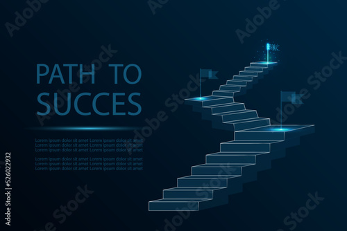 Stairway with flags vector illustration. Low poly wireframe mesh with light effects on dark blue.