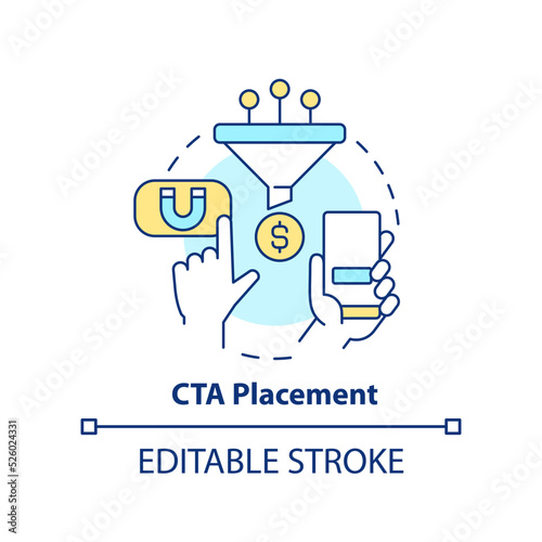CTA placement concept icon. Call to action button. Mobile website development abstract idea thin line illustration. Isolated outline drawing. Editable stroke. Arial, Myriad Pro-Bold fonts used