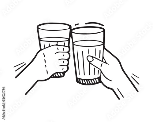 two glasses clink in their hands. vector black and white illustration. drink alcohol. beverages
