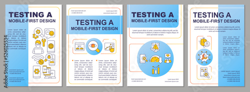 Testing mobile first design blue brochure template. Leaflet design with linear icons. Editable 4 vector layouts for presentation, annual reports. Arial-Black, Myriad Pro-Regular fonts used