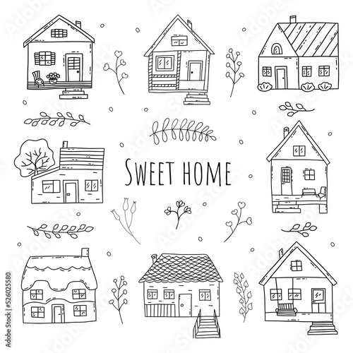 Set of small cute houses with sprigs of different plants. Sweet home inscription. Black and white vector isolated doodle illustration collection