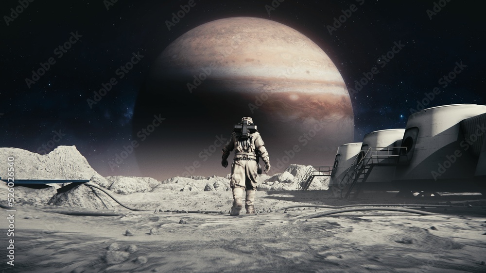 Astronaut in a space suit walking on the moon's surface towards the Jupiter - obrazy, fototapety, plakaty 