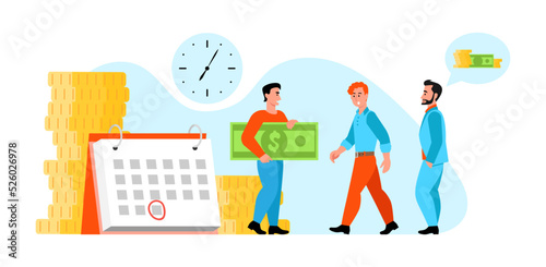 Illustration concept of salary payment. Men stand in line for paychecks. One is holding a dollar bill