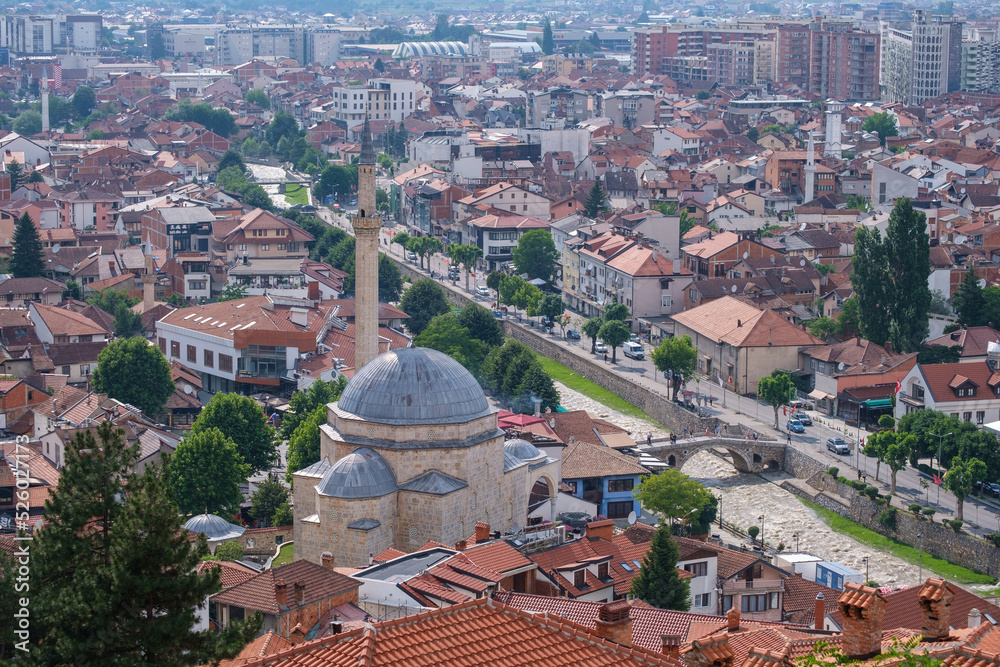 View on Prizren (Kosovo) from the castle. The Sinan Pasha Mosque is next to the river bistrica.