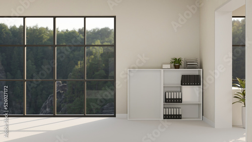 Modern minimal empty office room with files cabinet and empty space on over the large window photo