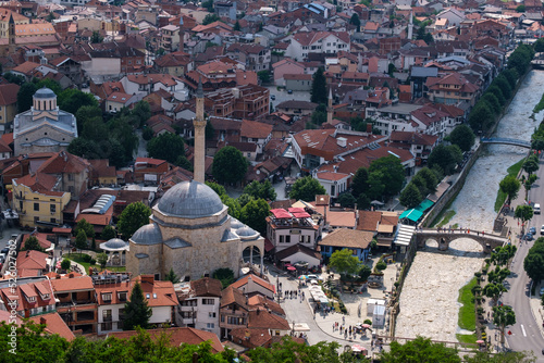 View on Prizren (Kosovo) from the castle. The Sinan Pasha Mosque is next to the river bistrica.