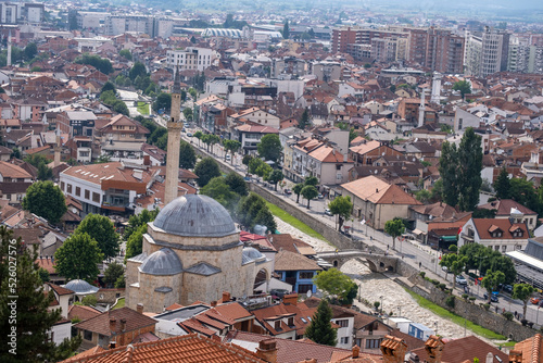 View on Prizren (Kosovo) from the castle. The Sinan Pasha Mosque is next to the river bistrica.