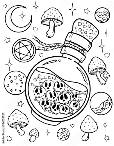 Coloring book for Halloween. Coloring book for children and adults. Spooky coloring. Halloween. Skulls elixir.