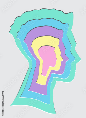 Tête d'adolescent de profil avec des couches de couleurs pour illustrer les différents âges de la vie ou des concepts psychologiques. Couleur facile à modifier. Illustration vectorielle photo