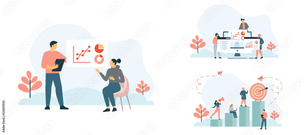 Business people illustration set. Characters working at office and coworking space. People talk with colleagues, plan business strategies, and analyze financial graphs. Vector illustration.