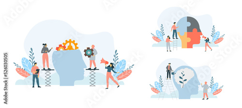 Mental health illustration set. Characters trying to solve mentality problems and fighting against emotional burnout. Psychotherapy concept. Vector illustration.