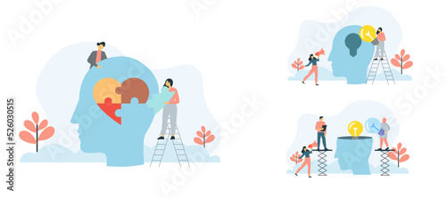 Mental health illustration set. Characters trying to solve mentality problems and fighting against emotional burnout. Psychotherapy concept. Vector illustration.