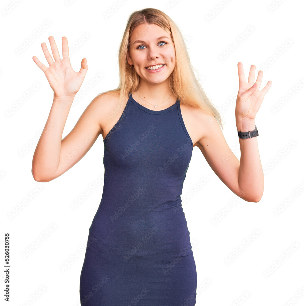 Young beautiful blonde woman wearing casual dress showing and pointing up with fingers number nine while smiling confident and happy. Young beautiful blonde woman wearing casual dress showing and pointing up with fingers number nine while smiling confident and happy.