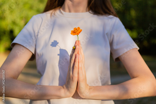An orange flower in a woman hands