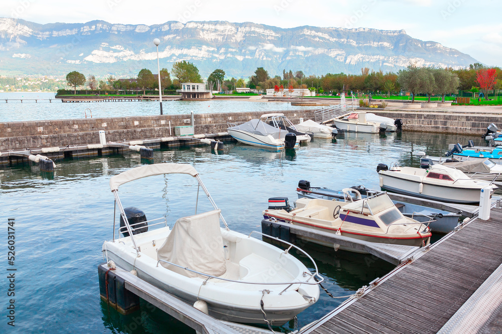 Motorboats moored at harbor . Boats of Lac du Bourget in France 