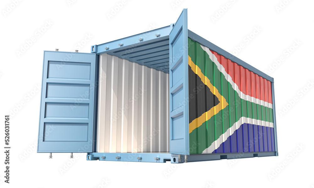 Cargo Container with open doors and South Africa national flag design. 3D Rendering Cargo Container with open doors and South Africa national flag design. 3D Rendering