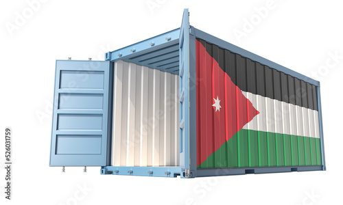 Cargo Container with open doors and Jordan national flag design. 3D Rendering