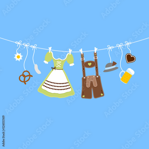 Horizontal Hängende Oktoberfest Symbole Hut Grün Braun Blauer Hintergrund