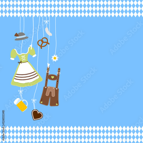 Links Hängende Oktoberfest Symbole Hut Grün Braun Rautenmuster Bordüre Blauer Hintergrund