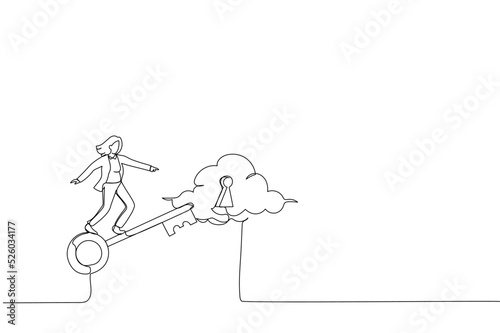 Drawing of smart businesswoman riding flying golden key to discover success keyhole. Metaphor for discovering success  unlock secret creativity to achieve business target. Single line art style