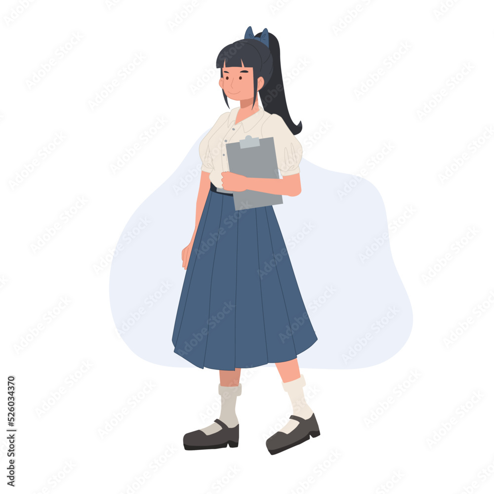 Asian student in school uniform. Thai student girl is holding a whitelist board. vector illustration Asian student in school uniform. Thai student girl is holding a whitelist board. vector illustration