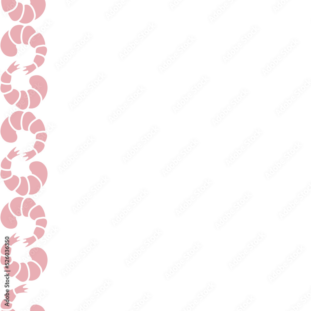 Shrimp. Seamless vertical border. Repeating vector pattern. Pink seafood. Shrimp tail. Isolated colorless background. Endless ornament. Flat style.