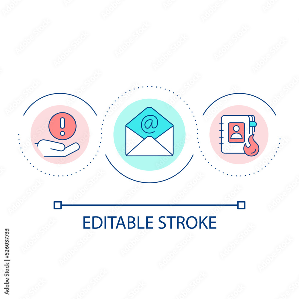 Emergency contacts loop concept icon. Phone numbers and emails. Crisis management plan abstract idea thin line illustration. Isolated outline drawing. Editable stroke. Arial font used Emergency contacts loop concept icon. Phone numbers and emails. Crisis management plan abstract idea thin line illustration. Isolated outline drawing. Editable stroke. Arial font used