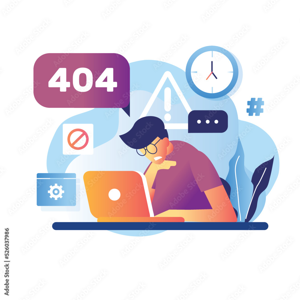 Error 404 landing page message male worker character frustrated confuse with laptop internet didn't work. Hard work. Vector flat cartoon illustration Error 404 landing page message male worker character frustrated confuse with laptop internet didn't work. Hard work. Vector flat cartoon illustration