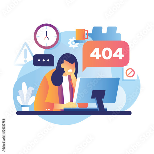 Error 404 landing page message female worker character frustrated confuse with laptop internet didn't work. Hard work. Vector flat cartoon illustration