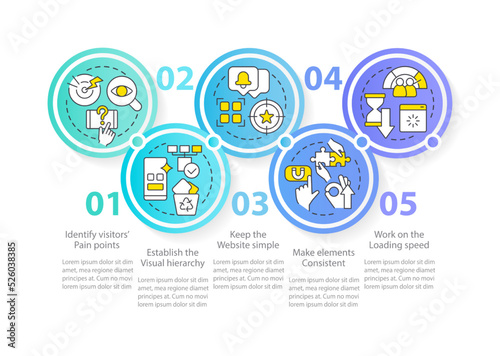 Mobile first key elements blue circle infographic template. Data visualization with 5 steps. Editable timeline info chart. Workflow layout with line icons. Myriad Pro-Regular font used