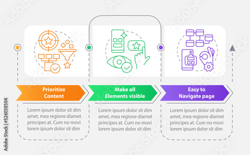 Mobile design recommendations rectangle infographic template. Data visualization with 3 steps. Editable timeline info chart. Workflow layout with line icons. Myriad Pro-Bold, Regular fonts used