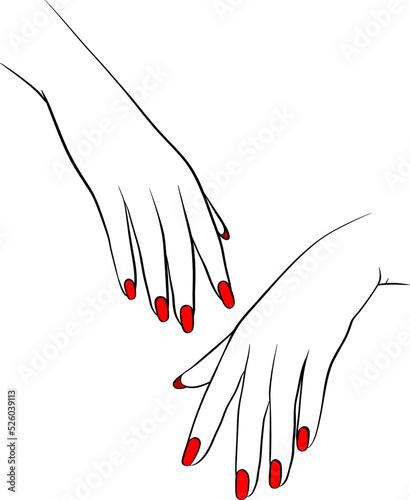 Hand drawn beauty manicure illustration. Woman's hands with red manicure design. Hands care salon concept.