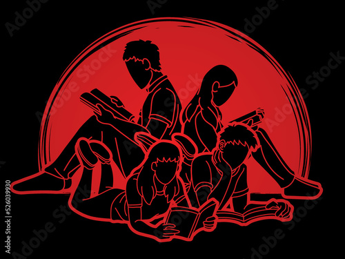 Group of People Reading Books Cartoon Graphic Vector