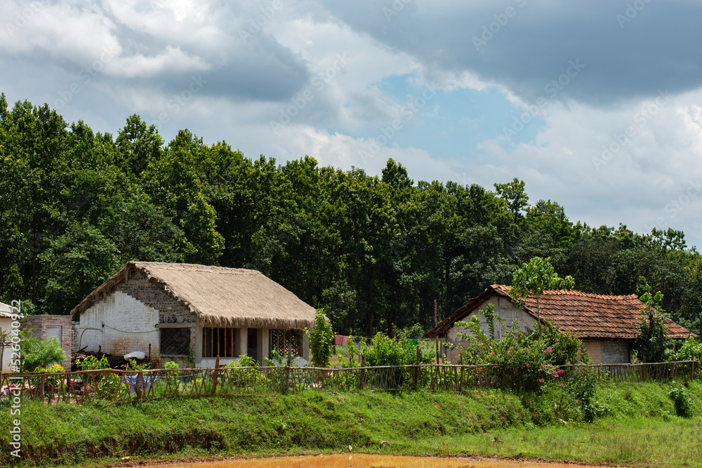 A beautiful rural home of Jhargram West Bengal with flowers in foreground and blue sky and white clouds in background. Rural village house of India.