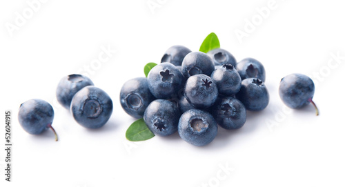 Blueberries with leaves closeup on white backgrounds.