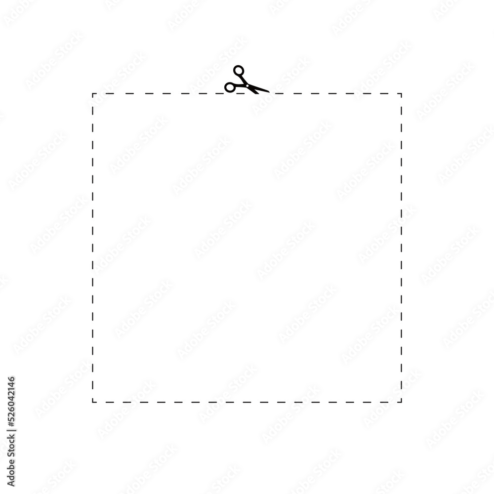 Dot marks in crop square shape. Scissor with dash cut line on white background. Trim ribbon with scissor isolated on coupon. Black shear border on voucher. Vector illustration. Dot marks in crop square shape. Scissor with dash cut line on white background. Trim ribbon with scissor isolated on coupon. Black shear border on voucher. Vector illustration.