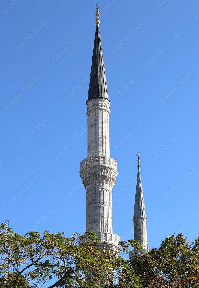 Minarets of The Blue Mosque with Blue Sky in Istanbul, Turkey