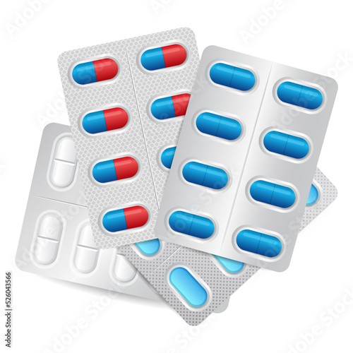 White, red and blue pills in blister packaging isolated on white background