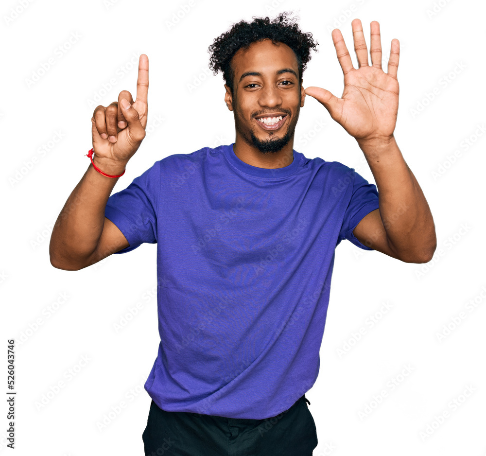Young african american man with beard wearing casual purple t shirt showing and pointing up with fingers number six while smiling confident and happy. Young african american man with beard wearing casual purple t shirt showing and pointing up with fingers number six while smiling confident and happy.