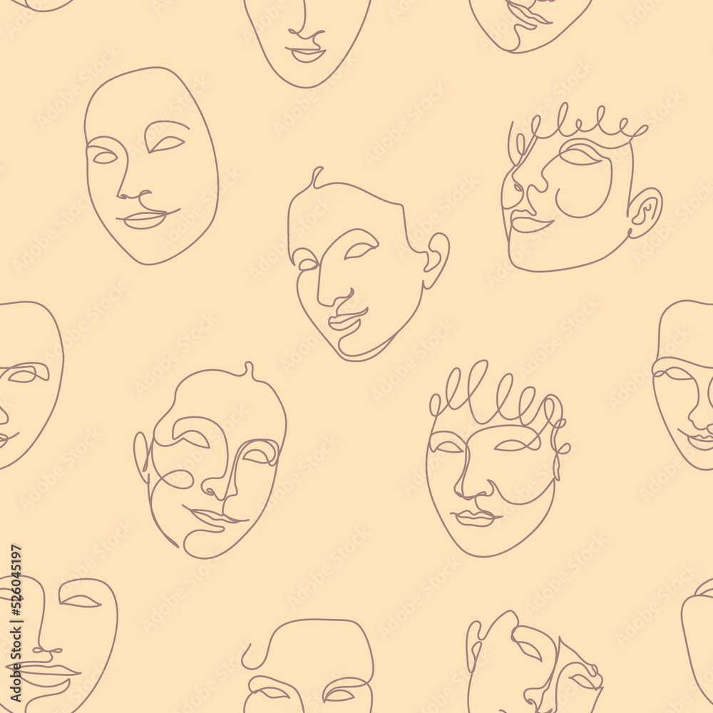 Seamless pattern with one single line drawings of female face and abstract shapes. On white background.