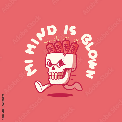 Skull with TNT inside running vector illustration. Funny, badge, brand design concept.