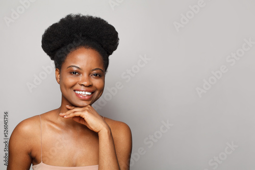  Perfect young black woman smiling. Facial treatment, healthcare, spa and beauty concept