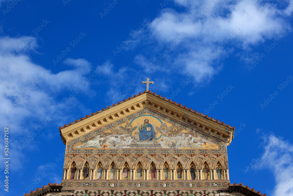 The facade of Amalfi Cathedral in Piazza Duomo, Amalfi, Italy